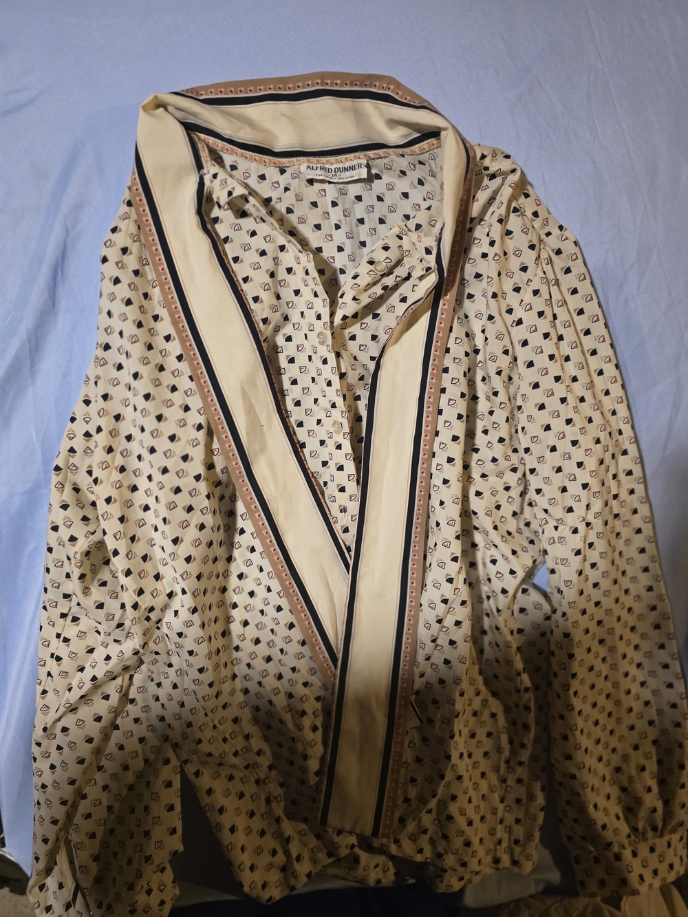 Alfred Dunner Cream Printed V-Neck Blouse with Brown and Black Trim